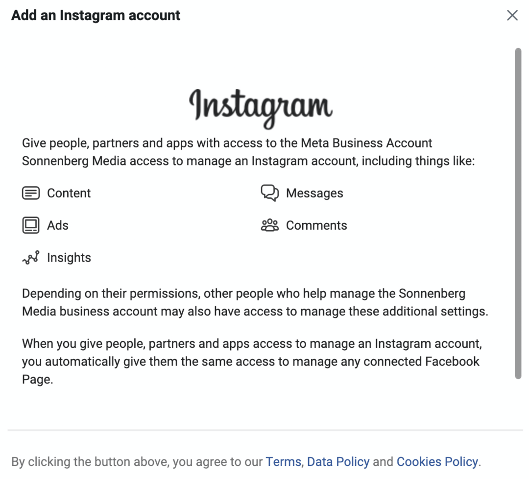 obraz ekranu Dodaj konto na Instagramie w Meta Business Manager