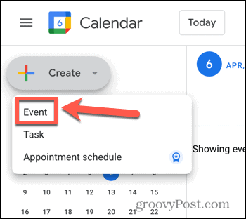 Zrzut ekranu opcji tworzenia wydarzenia w Kalendarzu Google