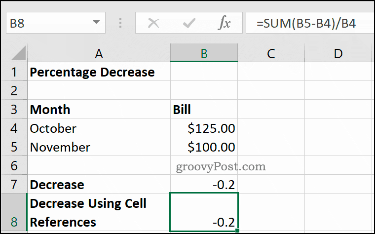 Przykład zmniejszenia procentowego w programie Microsoft Excel