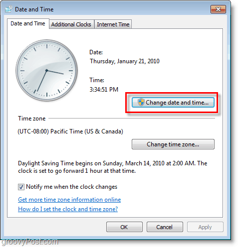 Zrzut ekranu systemu Windows 7 - zmień datę i godzinę