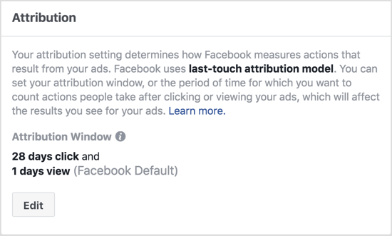 Domyślne ustawienia okna atrybucji Facebooka pokazują działania podjęte w ciągu 1 dnia od obejrzenia reklamy i w ciągu 28 dni od kliknięcia reklamy. 