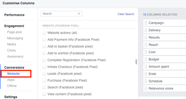 Dodaj standardowe działania związane ze zdarzeniami do raportów Menedżera reklam na Facebooku.