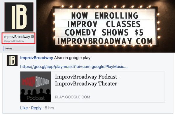 Zwróć uwagę, że strona ImprovBroadway na Facebooku ma szary znacznik wyboru obok nazwy u góry; jednak nie pojawia się obok nazwy w postach lub komentarzach.