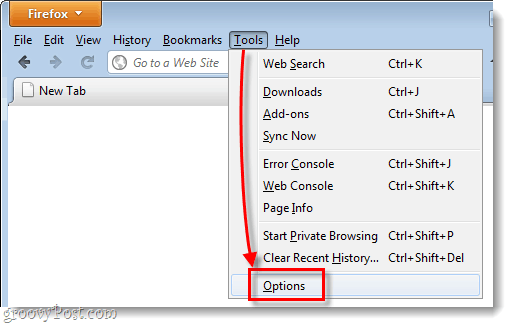 Opcje menu starszego typu Firefox 4