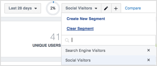 Opcje menu segmentów Facebook Analytics