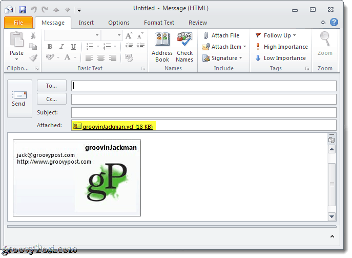 Dołącz wizytówkę w podpisie wiadomości e-mail w programie Outlook 2010