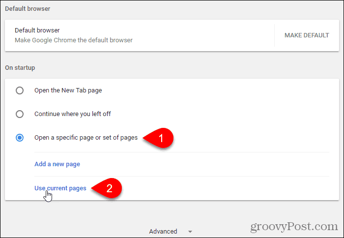 Kliknij Użyj bieżących stron w Chrome