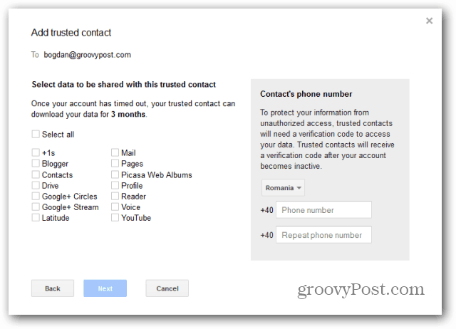 Weryfikacja kontaktu z Google Inactive Account Manager