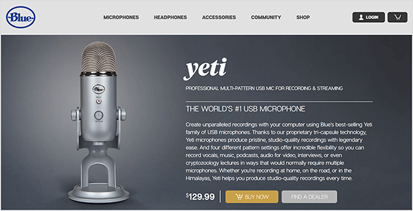 Dusty Porter zaleca aktualizację do mikrofonu USB, takiego jak Blue Yeti. Na stronie sprzedaży Blue mikrofonu Yeti na ciemnoszarym tle pojawia się obraz chromowanego mikrofonu na stojaku. Cena jest podana jako 129,00 USD.