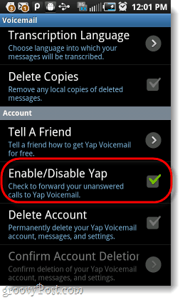 wyłącz yap z poczty głosowej Androida
