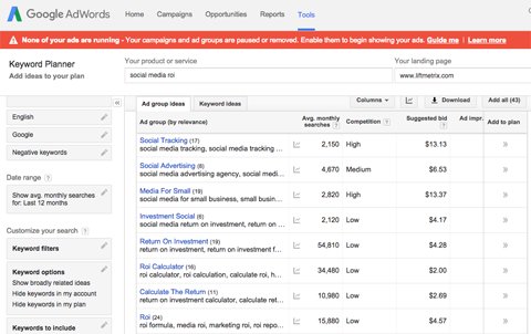 wyniki wyszukiwania planera słów kluczowych adwords