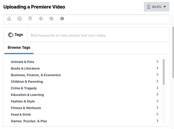 Jak skonfigurować Facebook Premiere, krok 4, tagi wideo