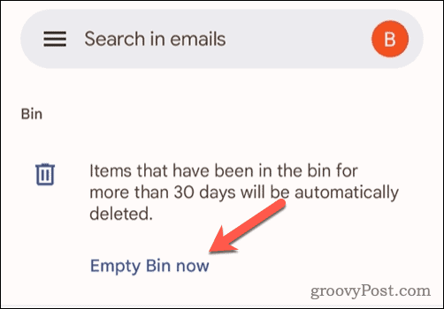 Opcja opróżniania kosza w Gmailu na telefonie komórkowym
