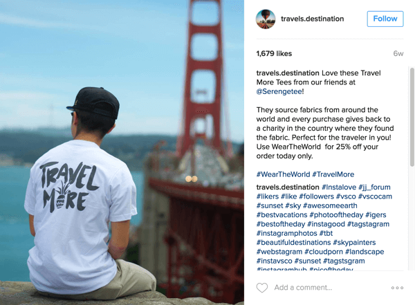 Travels Destination oferuje produkty Serengetee i informuje obserwujących o przyczynie na Instagramie.