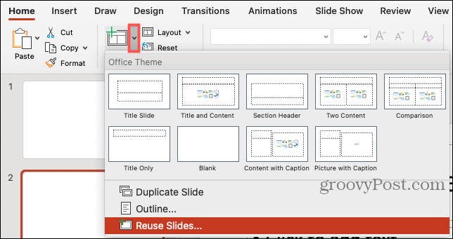Nowy slajd, ponowne używanie slajdów w programie PowerPoint na komputerze Mac
