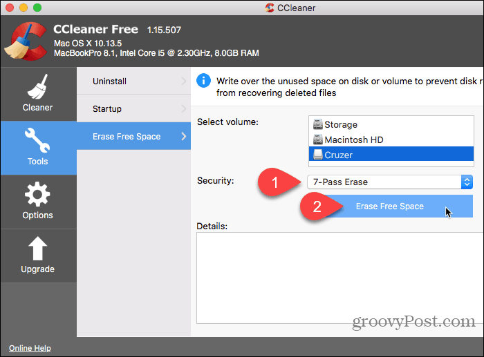 Wybierz Zabezpieczenia i kliknij Wymaż wolne miejsce w CCleaner