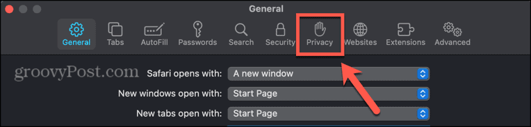 zakładka prywatności Mac Safari