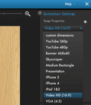 Kliknij menu Ustawienia animacji Moovly, aby wyświetlić opcje optymalizacji platformy wideo.