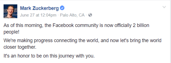 Facebook przekroczył ważny kamień milowy wynoszący 2 miliardy aktywnych użytkowników miesięcznie.