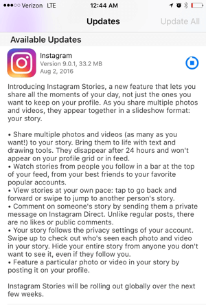 Aktualizacja historii aplikacji na Instagramie