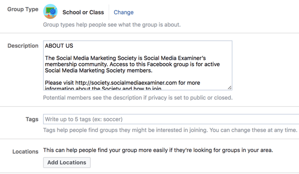 Podaj dodatkowe informacje o swojej grupie na Facebooku, aby ułatwić innym jej znalezienie.