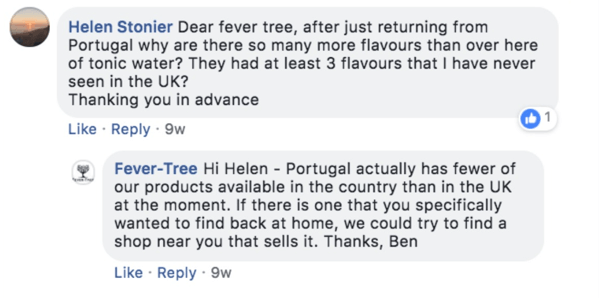 Przykład Fever-Tree odpowiadającego na pytanie klienta w poście na Facebooku.