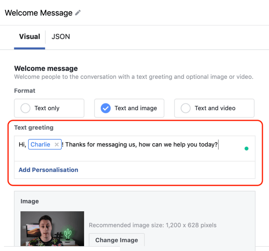 Jak dotrzeć do ciepłych potencjalnych klientów za pomocą reklam na Facebooku Messenger, krok 12, przykład personalizacji niestandardowego szablonu miejsca docelowego dla komunikatora