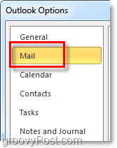 kliknij kartę opcji poczty w programie Outlook 2010