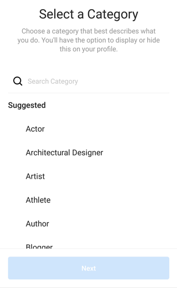 Wybór kategorii profilu twórcy na Instagramie, krok 1.