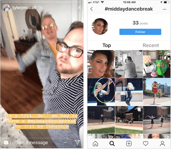 Tyler J. McCall publikuje na Instagramie film, w którym tańczy, z napisem „Jest 11 lipca. Więc musieliśmy mieć #middaydancebreak do 7/11 przez @beyonce ”. Strona z hashtagami na Instagramie dla #middaydancebreak, pokazana po prawej stronie, nie pokazuje wszystkich postów Tylera z tym hashtagiem, a jego kontekst jest pomieszany z postami innych użytkowników Instagrama, którzy również używali hashtag.