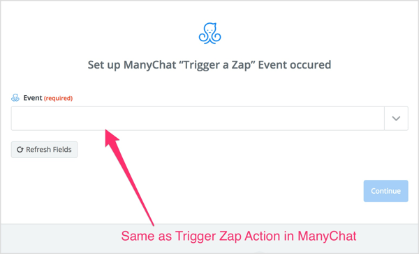 Wybierz czynność Trigger Zap, którą utworzyłeś w przepływie ManyChat.
