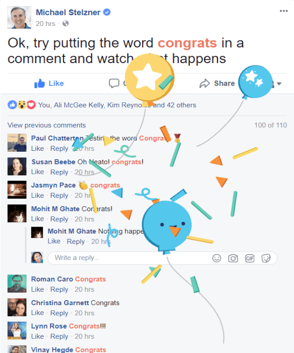 Facebook wprowadził nową interaktywną funkcję, w której pozdrowienia w postach lub komentarzach są podświetlane na czerwono i generują krótką animację po kliknięciu.