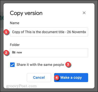 Kopiowanie wersji pliku Dokumentów Google