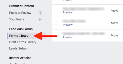 Opcja Biblioteka formularzy w narzędziach do publikowania na Facebooku