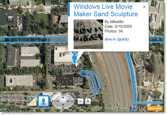 postępuj zgodnie z niebieskimi liniami, aby zobaczyć, gdzie jest dostępna ulica, i szukaj zielonych pinezek dla punktów aktywnych Photosynth