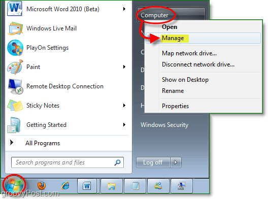 dostęp do menedżera urządzeń z menu Start systemu Windows 7