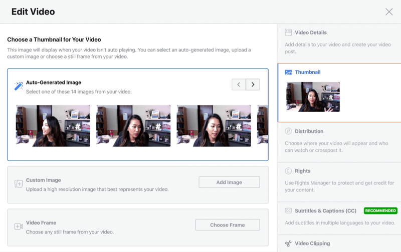 opcja edycji wideo na żywo na Facebooku, wybierając automatycznie generowany obraz miniatury