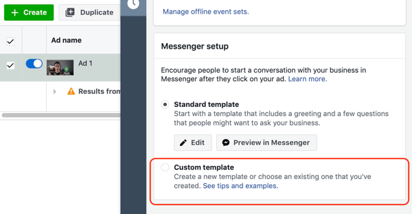Jak dotrzeć do ciepłych potencjalnych klientów za pomocą reklam na Facebooku Messenger, krok 10, opcja niestandardowego szablonu miejsca docelowego dla komunikatora
