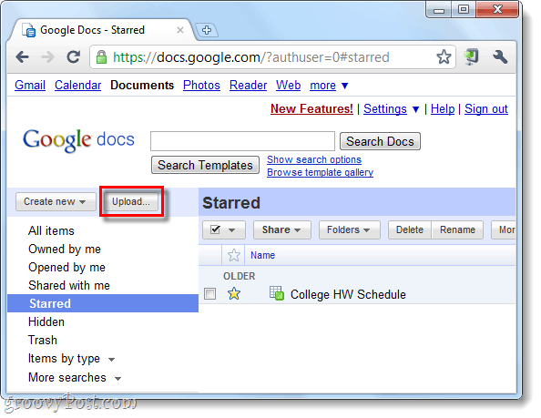 zaloguj się i kliknij przycisk przesyłania Dokumentów Google