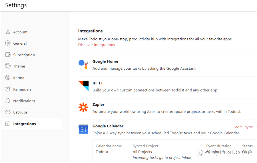 Integracja kalendarza Google Todoist