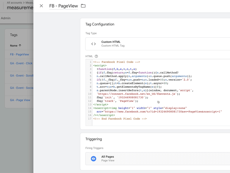 przykładowa konfiguracja tagu Menedżera tagów Google o nazwie fb odsłonę z typem tagu ustawionym na niestandardowy kod HTML z pewnym kodem HTML i regułami uruchamiającymi ustawionymi na wszystkie strony