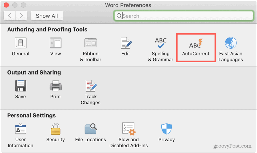 Preferencje programu Word Autokorekta na komputerze Mac