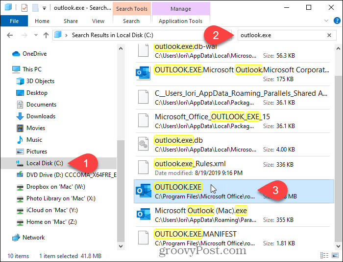 Wyszukaj program Outlook w Eksploratorze plików