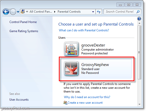 wybierz użytkownika, aby dostosować właściwości kontroli rodzicielskiej w systemie Windows 7