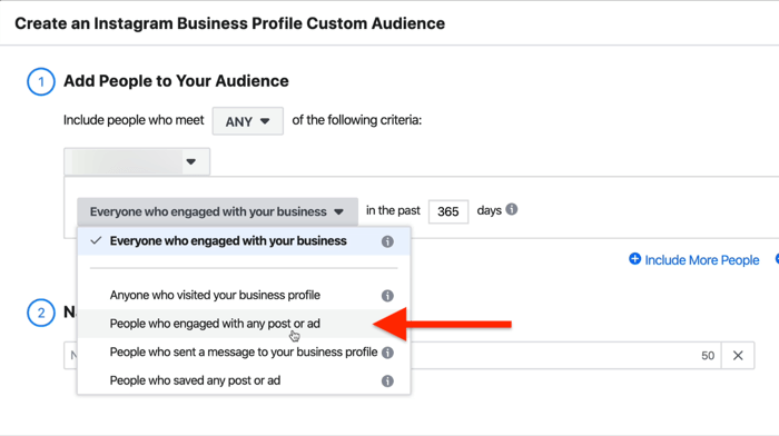 Utwórz okno dialogowe Custom Audience w profilu firmy na Instagramie
