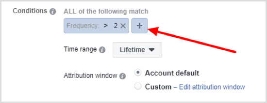Kliknij przycisk +, aby ustawić drugi warunek dla automatycznej reguły Facebooka