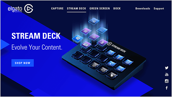 Dusty Porter używa Elgato Stream Deck do przełączania się z jednego ekranu na drugi podczas transmisji na żywo. Strona internetowa Elgato Stream Deck ma jasnoniebieskie tło, a Stream Deck pojawia się po prawej stronie. Ma 15 przycisków i małe ikony ilustrują dostosowywanie przycisków za pomocą małego obrazu, który pomaga zapamiętać, do czego zaprogramowałeś przycisk.