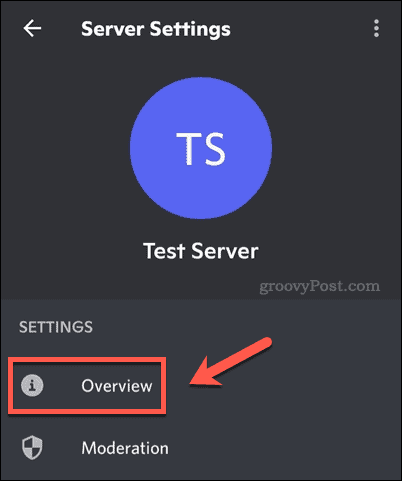 Menu ustawień serwera na Discord mobile