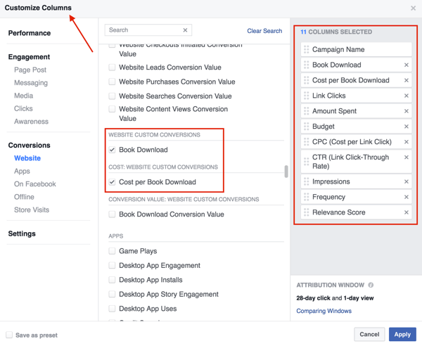 Wybierz kolumny, które chcesz dodać do tabeli wyników reklam na Facebooku.