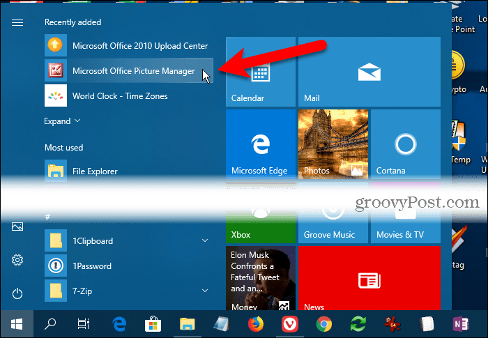 Menedżer obrazów Microsoft Office w obszarze Ostatnio dodane w menu Start systemu Windows 10
